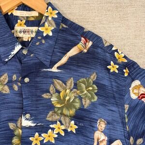 Campia Moda Mens Vintage Blue Pinup Girl Tropical Hawaiian Aloha Camp Shirt Med